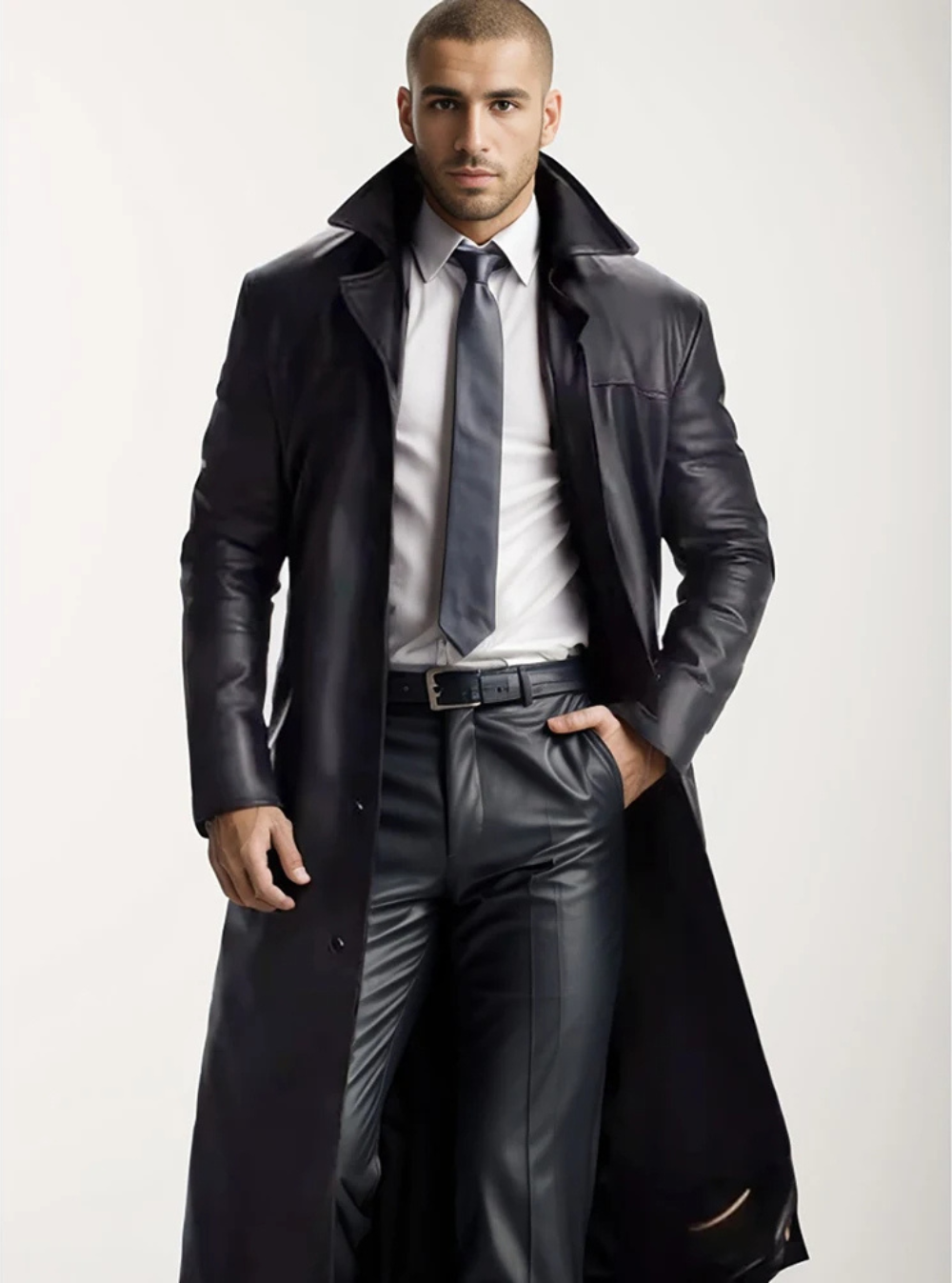 Men's Long Leather Trench Coat Lapel Collar