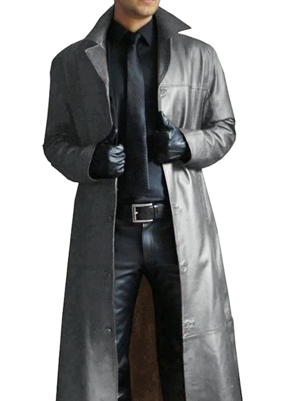 Men's Long Leather Trench Coat Lapel Collar