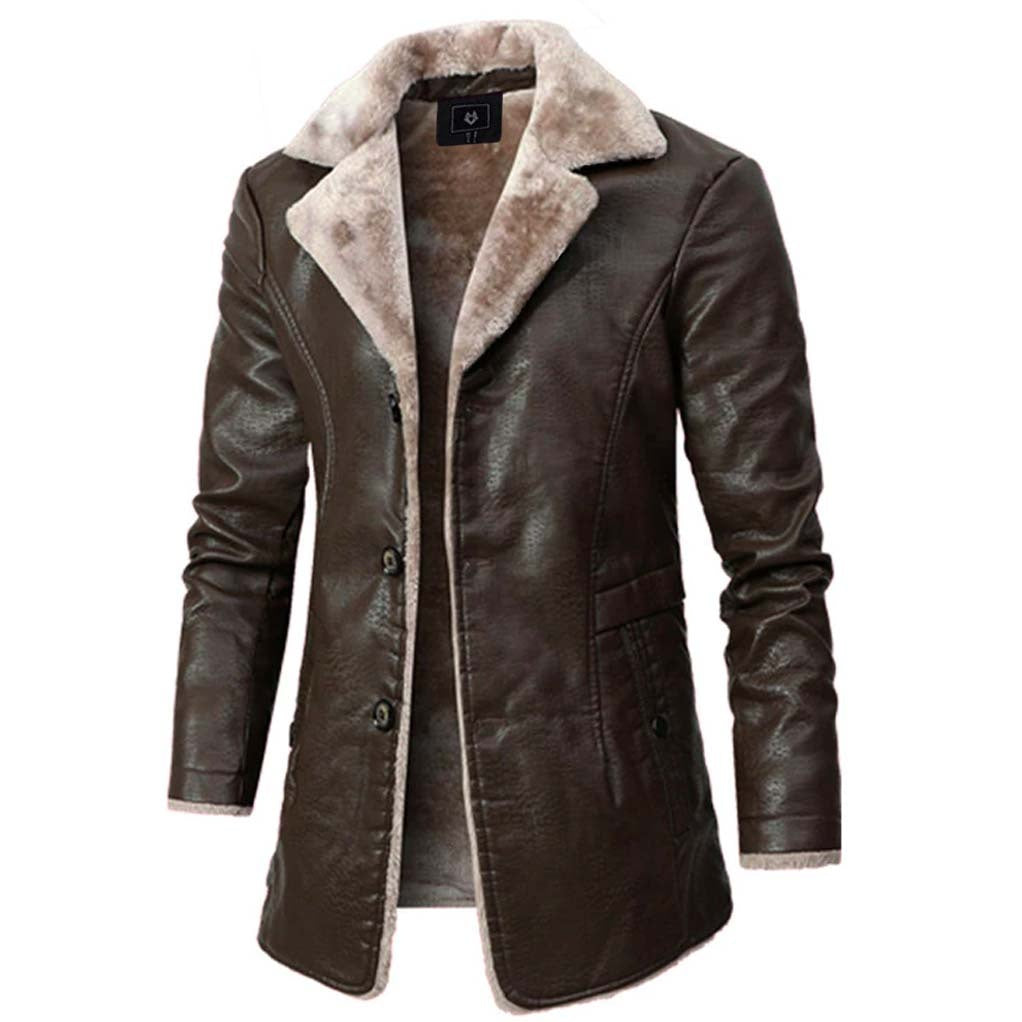 Men's Faux Leather Winter Jacket Sherpa Lined Long