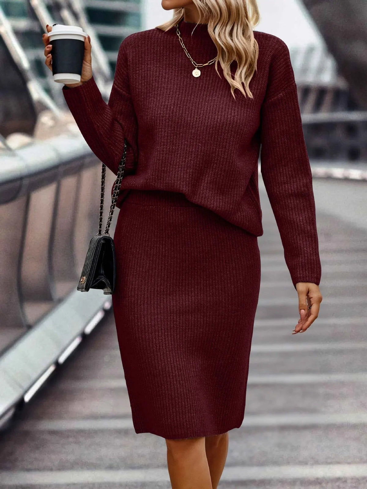 Claire | Women's 2 Piece Sweater Set Turtleneck Knit Midi Skirt
