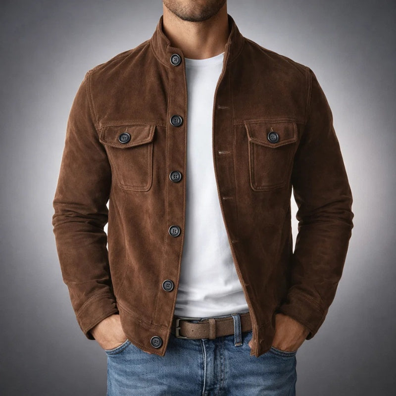 Men's Suede Jacket Flap Pockets Stand Collar