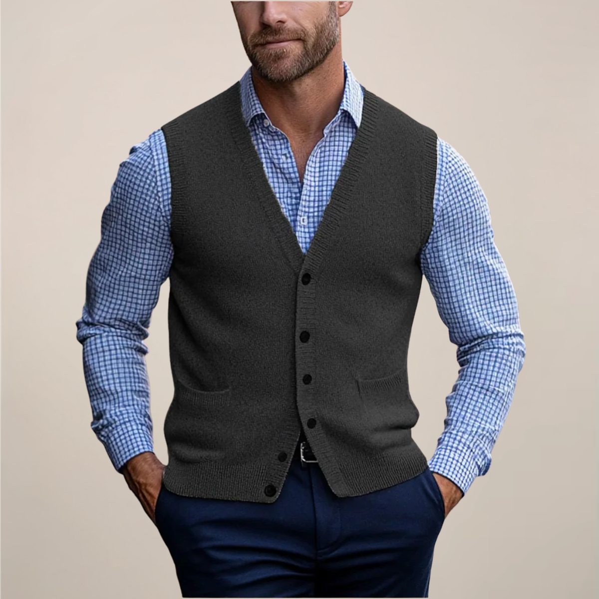 Trevor | Men's Button Up Sweater Vest V Neck Pockets