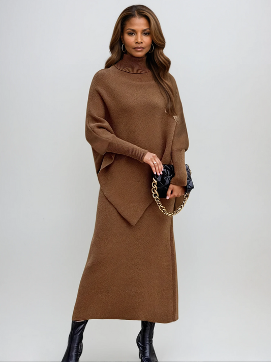 Aurora | Women's Knit Set Turtleneck Poncho Sweater Midi Skirt