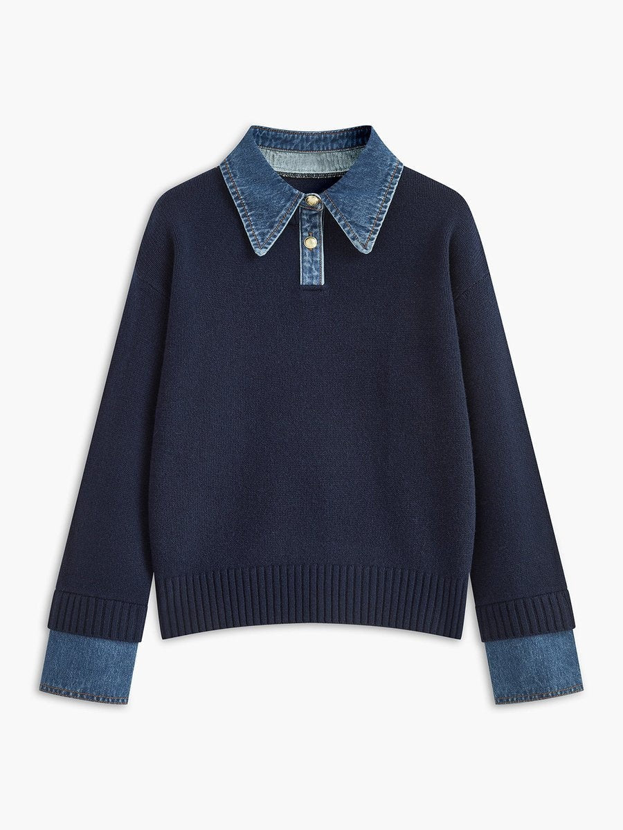 Charlotte | Women's Knit Sweater Denim Collar Patchwork Long Sleeve