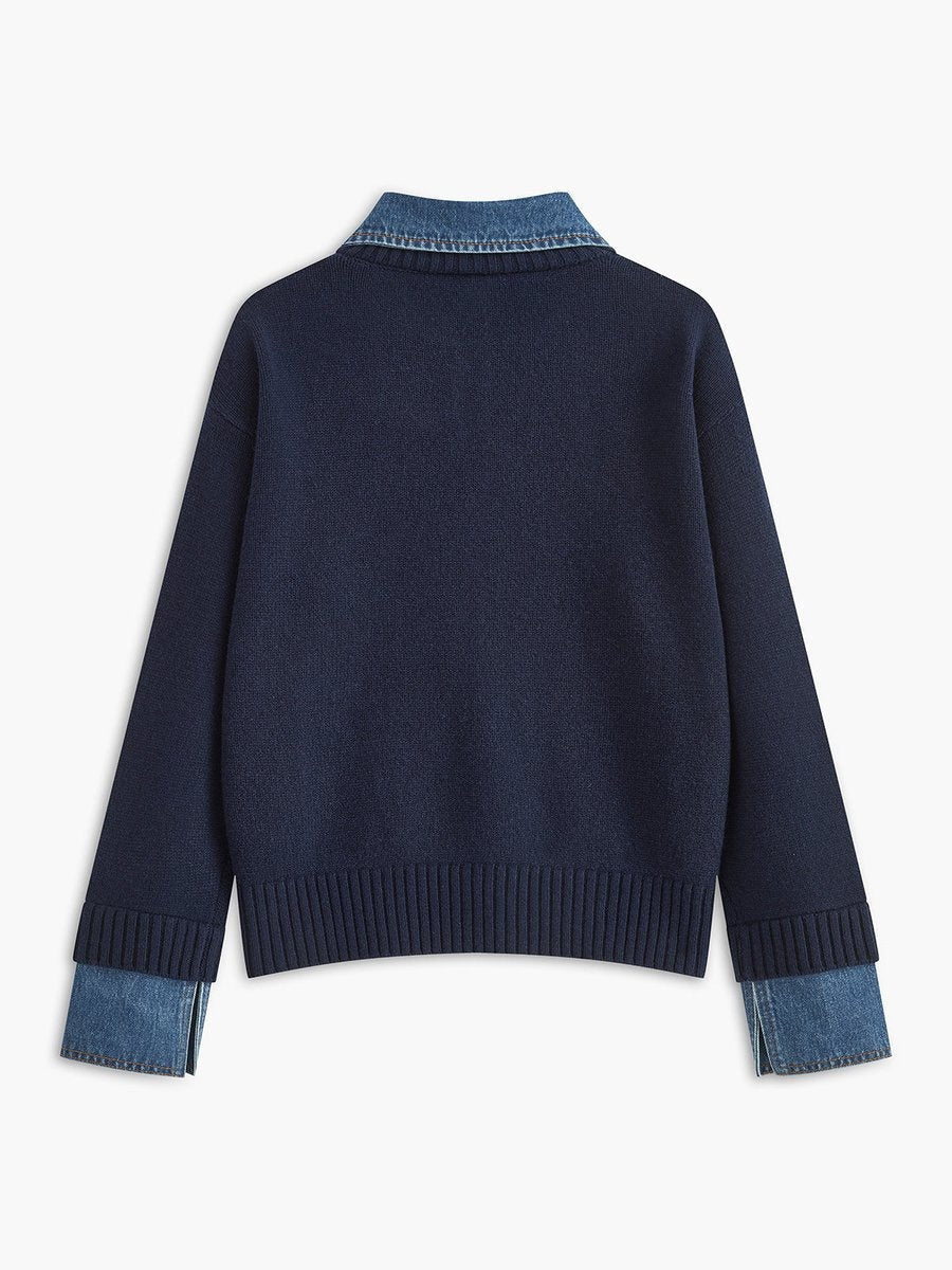 Charlotte | Women's Knit Sweater Denim Collar Patchwork Long Sleeve