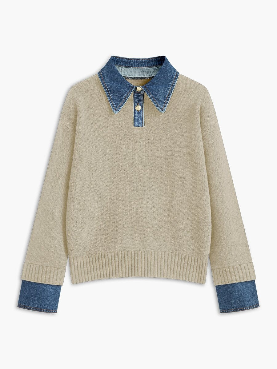 Charlotte | Women's Knit Sweater Denim Collar Patchwork Long Sleeve