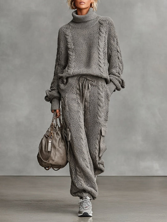 Samantha | Women's Cable Knit Sweater Set Turtleneck Cargo Pants