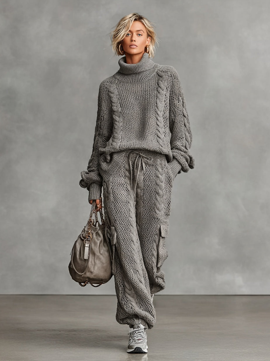 Samantha | Women's Cable Knit Sweater Set Turtleneck Cargo Pants