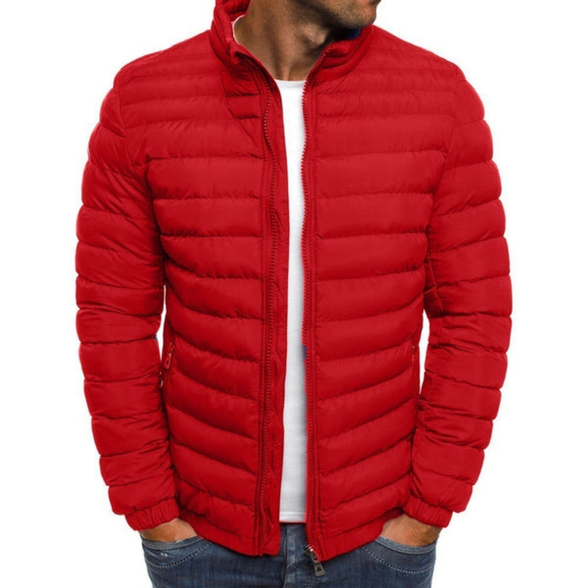Men's Quilted Winter Jacket Stand Collar Zip Up