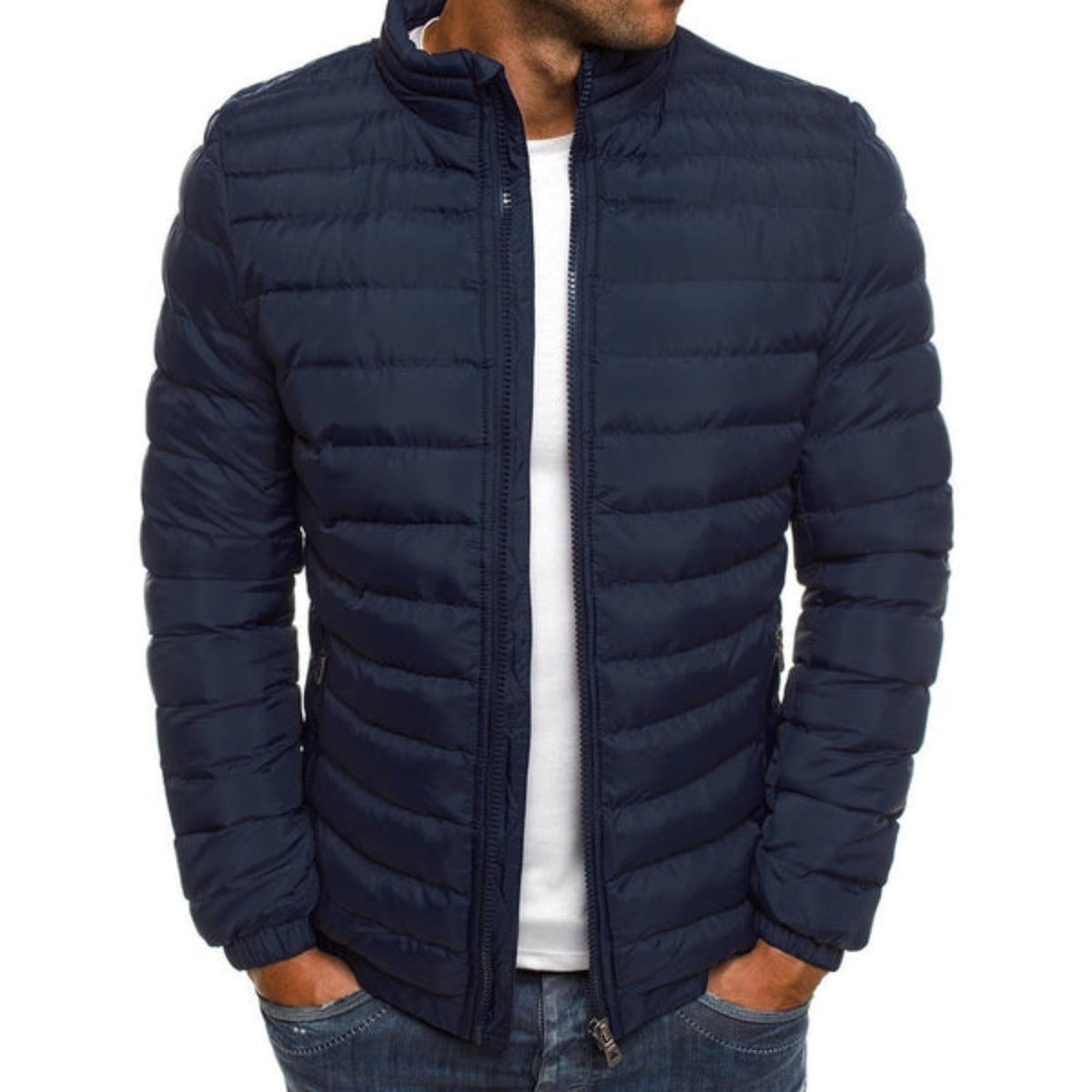 Men's Quilted Winter Jacket Stand Collar Zip Up