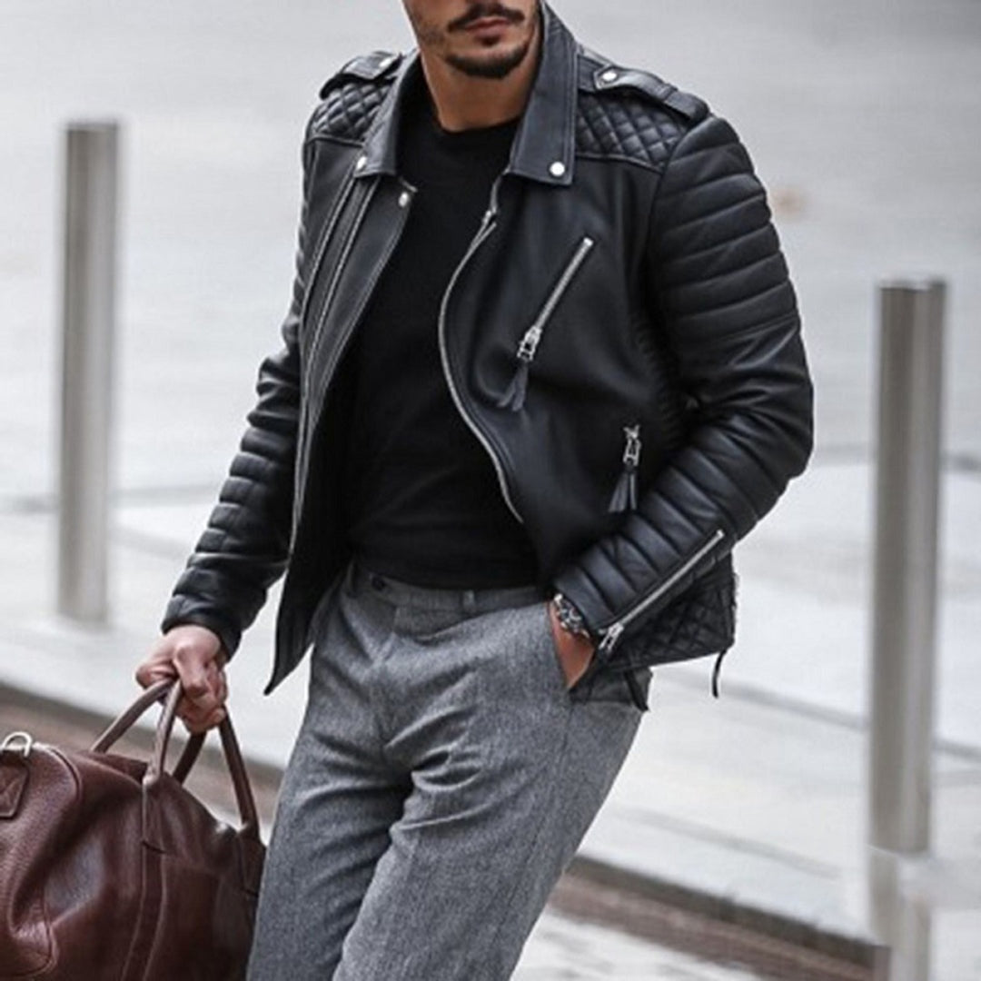Simon | Men's Quilted Faux Leather Jacket Biker Moto Zippers
