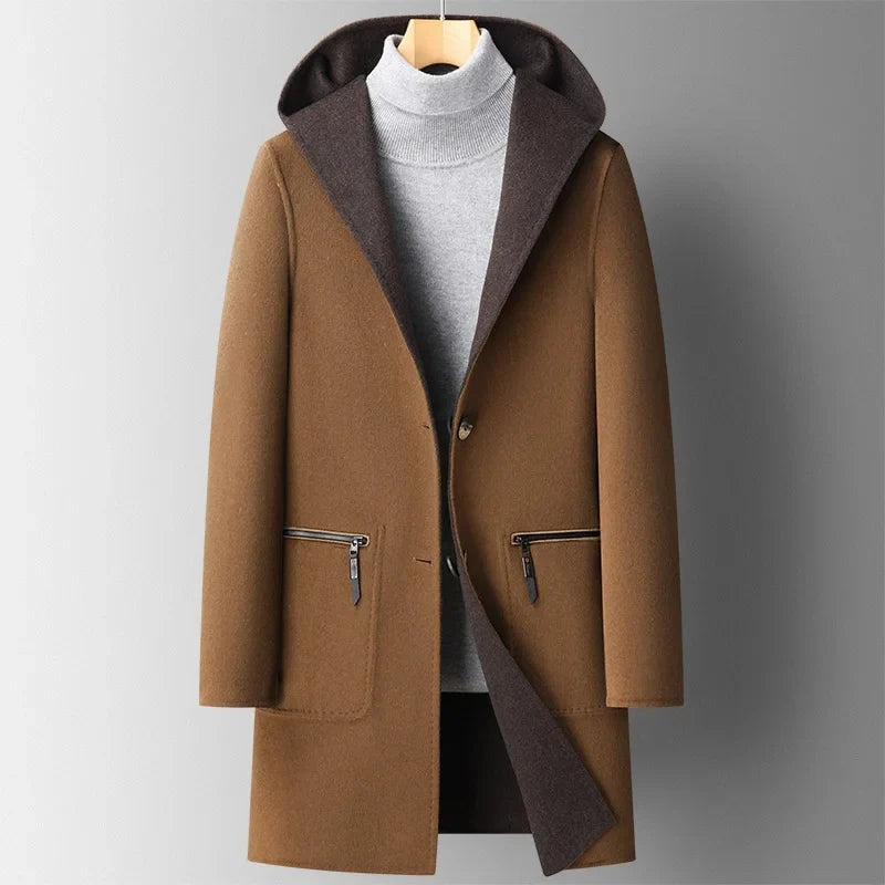 Men's Hooded Wool Blend Coat Double Faced Winter Overcoat
