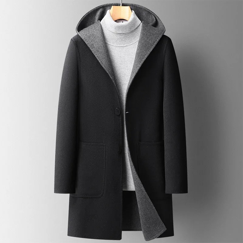 Men's Hooded Wool Blend Coat Double Faced Winter Overcoat
