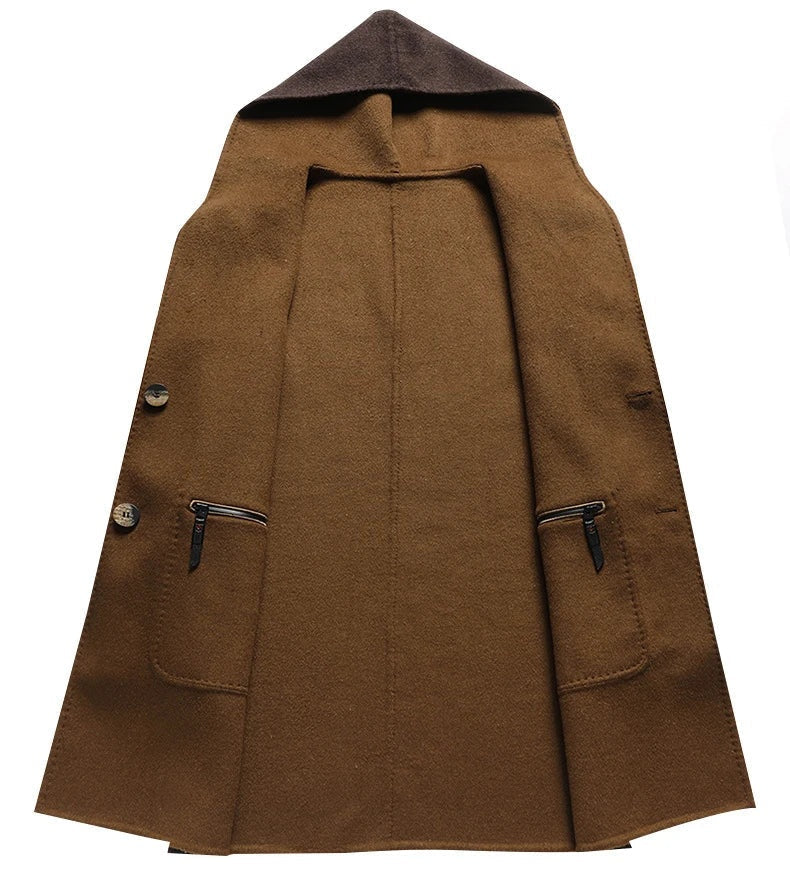 Men's Hooded Wool Blend Coat Double Faced Winter Overcoat