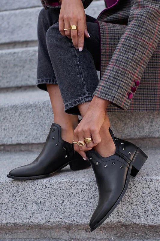 Allison | Women's Leather Ankle Cowboy Boots Low Heel Star Studs