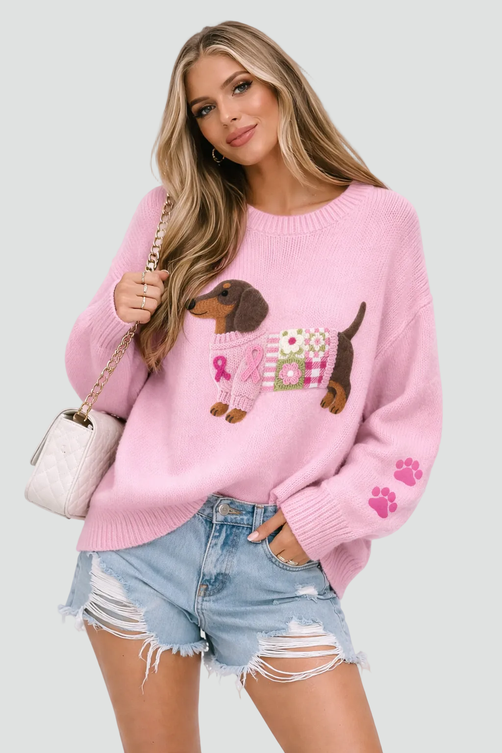 Aria | Women's Oversized Knit Sweater Dog Print Crew Neck