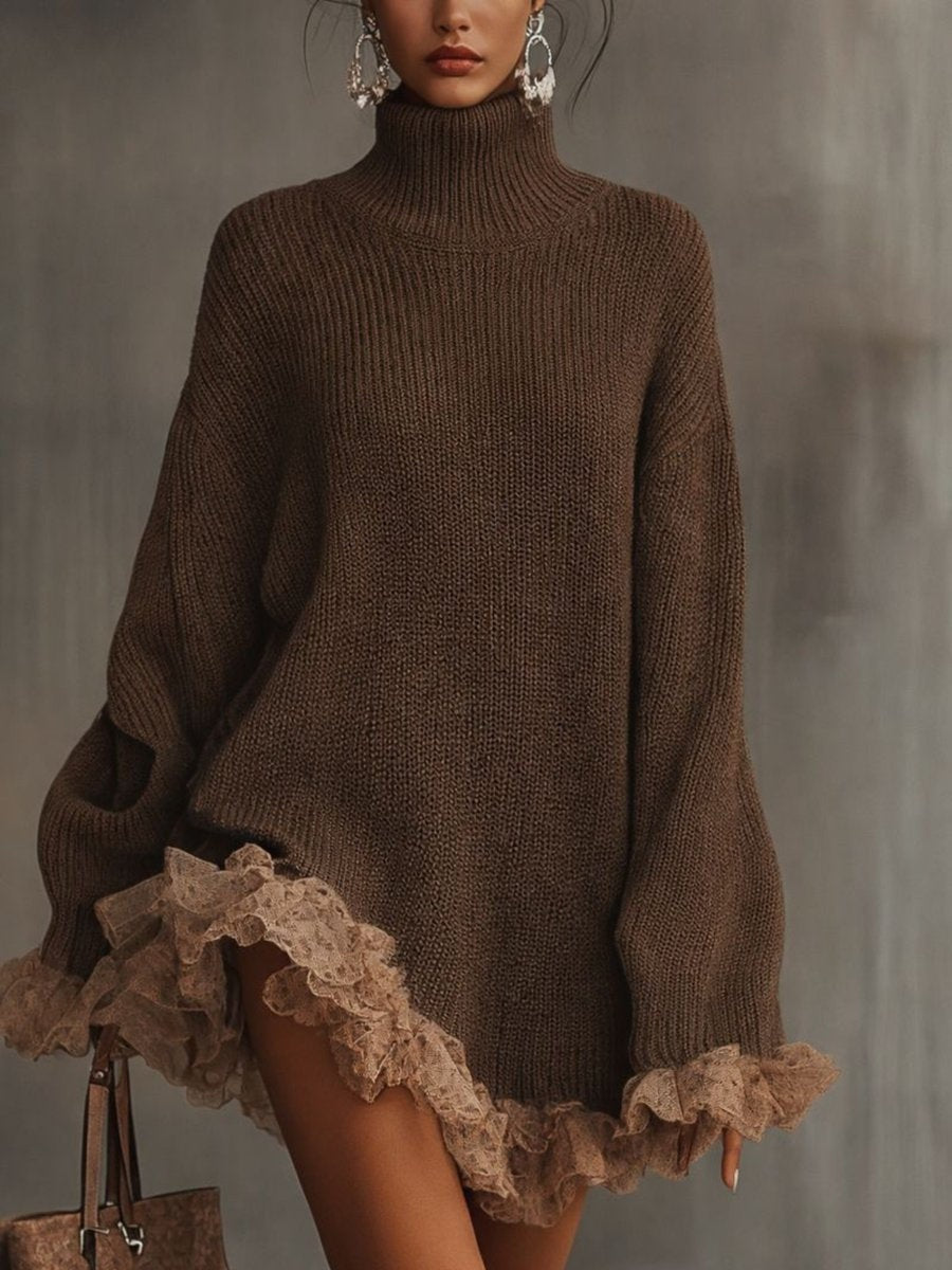 Ellie | Women's Mini Winter Sweater Dress Long Sleeve Turtleneck Lace