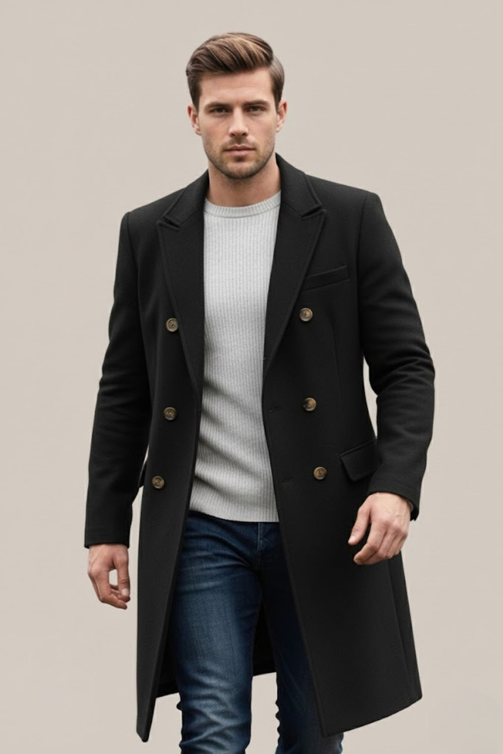 Men's Long Wool Blend Coat Double Breasted Overcoat