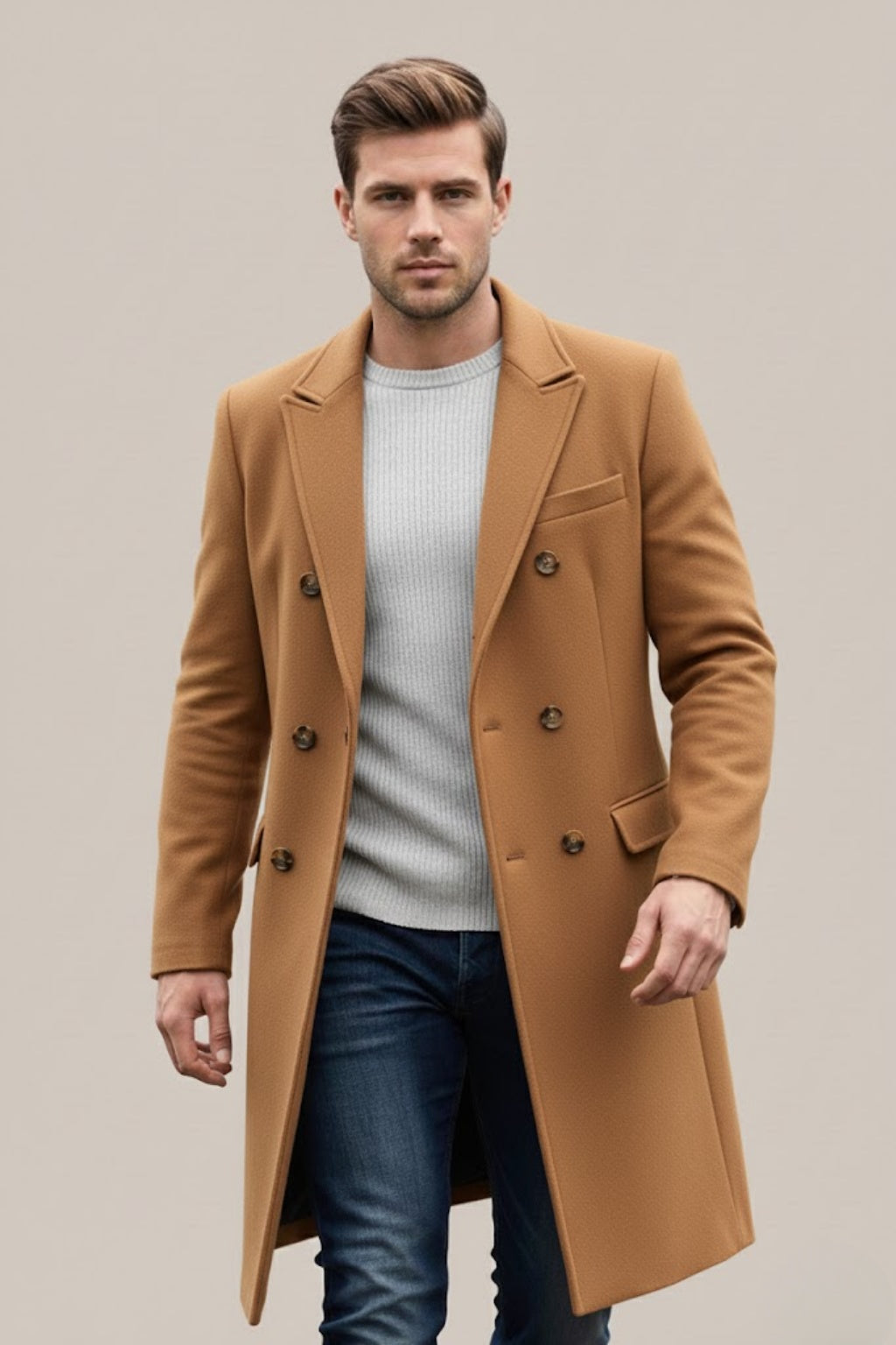 Men's Long Wool Blend Coat Double Breasted Overcoat