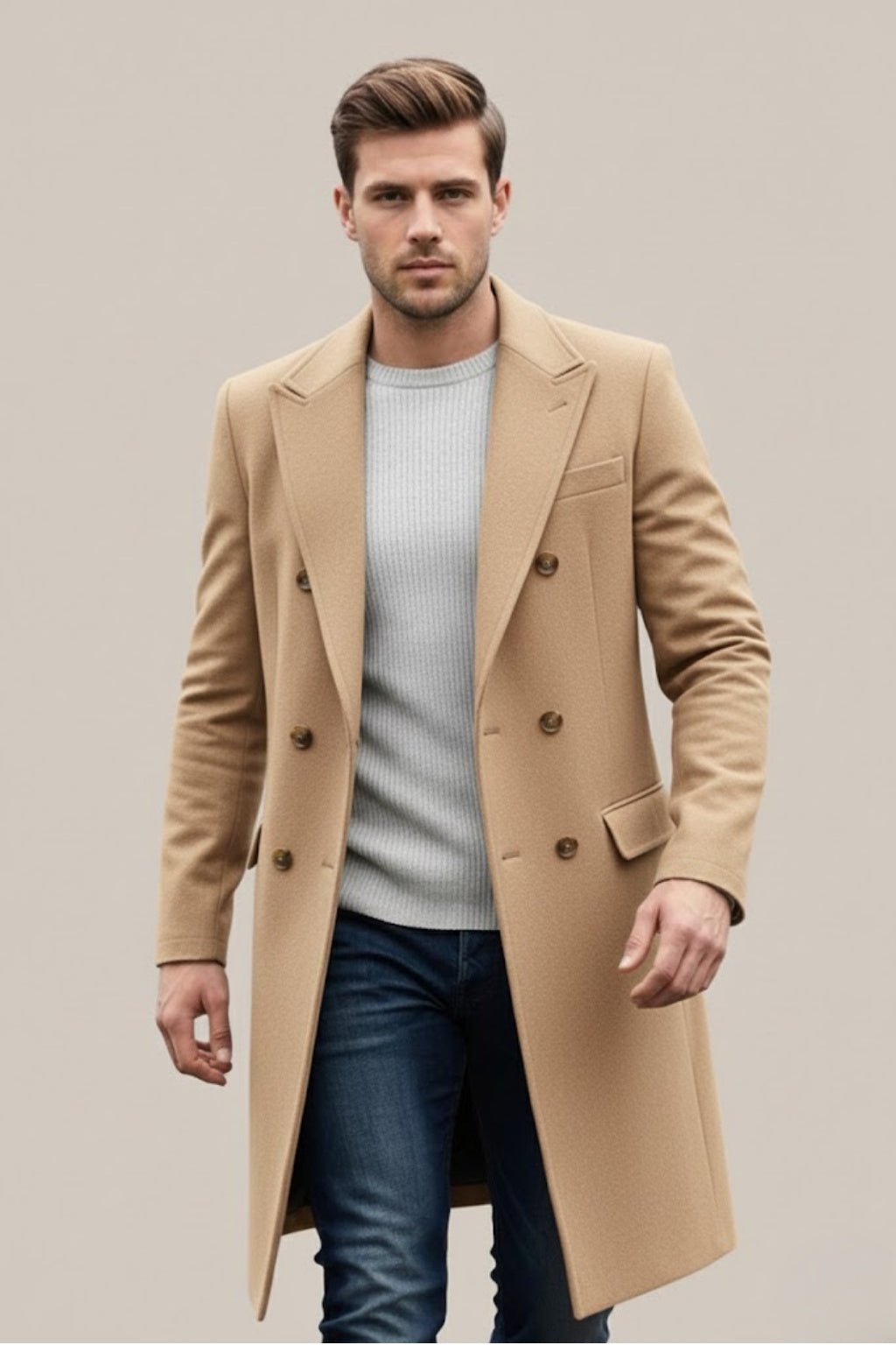 Men's Long Wool Blend Coat Double Breasted Overcoat