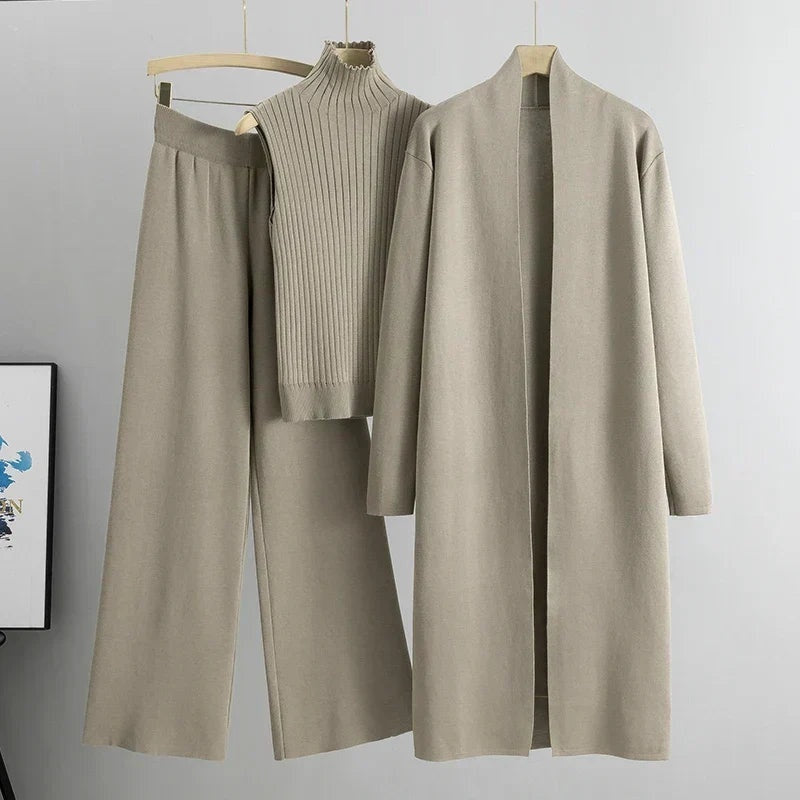 Anna | Women's 3 Piece Knit Set Long Cardigan Wide Leg Pants
