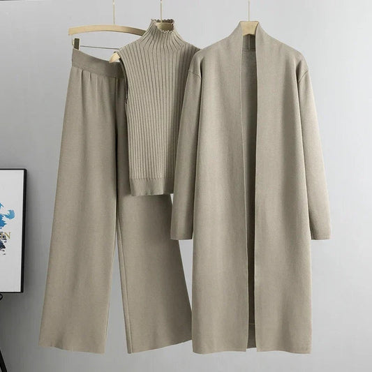 Anna | Women's 3 Piece Knit Set Long Cardigan Wide Leg Pants