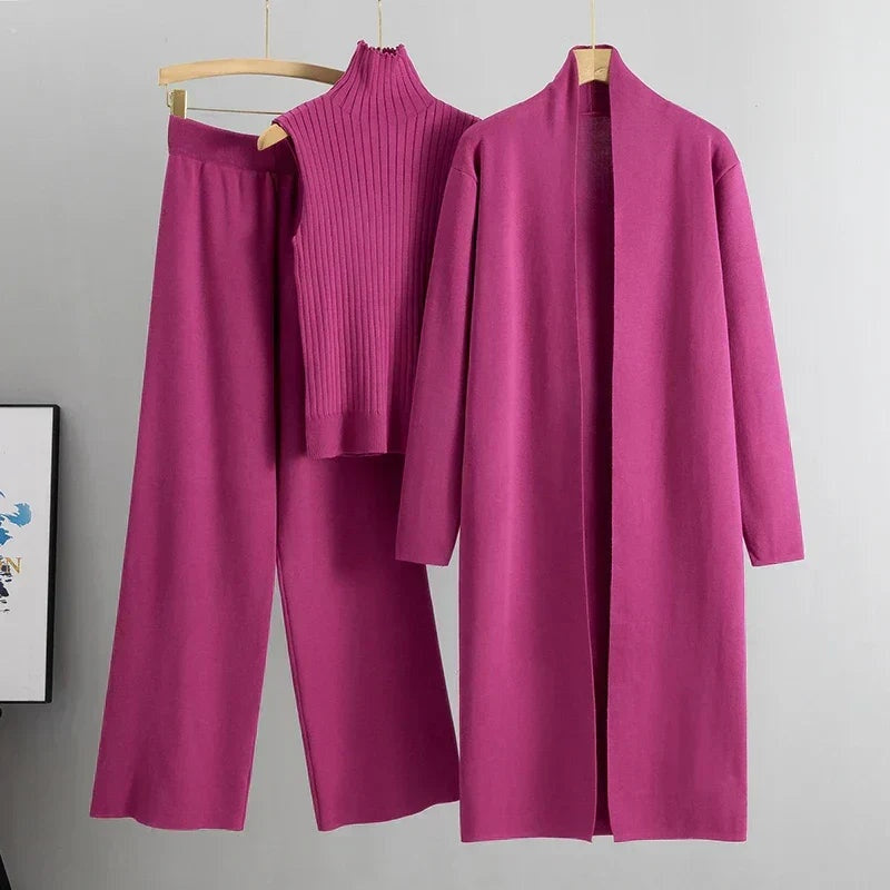 Anna | Women's 3 Piece Knit Set Long Cardigan Wide Leg Pants