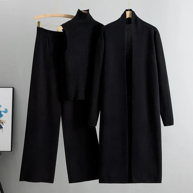 Anna | Women's 3 Piece Knit Set Long Cardigan Wide Leg Pants