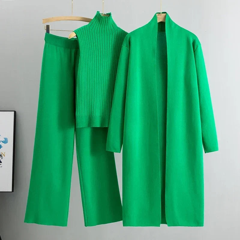 Anna | Women's 3 Piece Knit Set Long Cardigan Wide Leg Pants