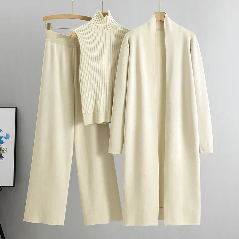 Anna | Women's 3 Piece Knit Set Long Cardigan Wide Leg Pants