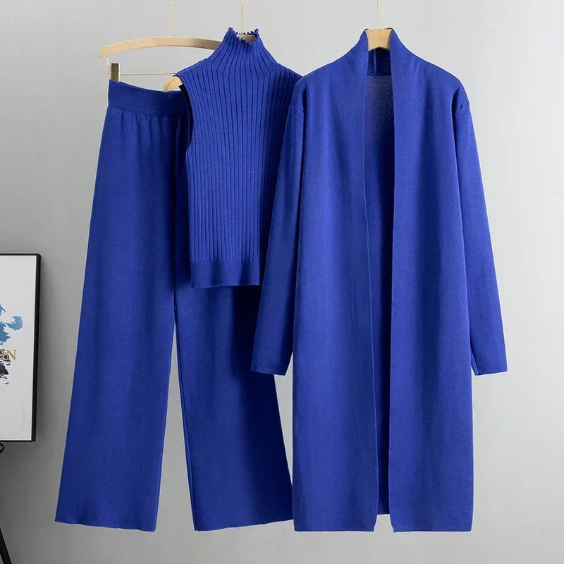Anna | Women's 3 Piece Knit Set Long Cardigan Wide Leg Pants