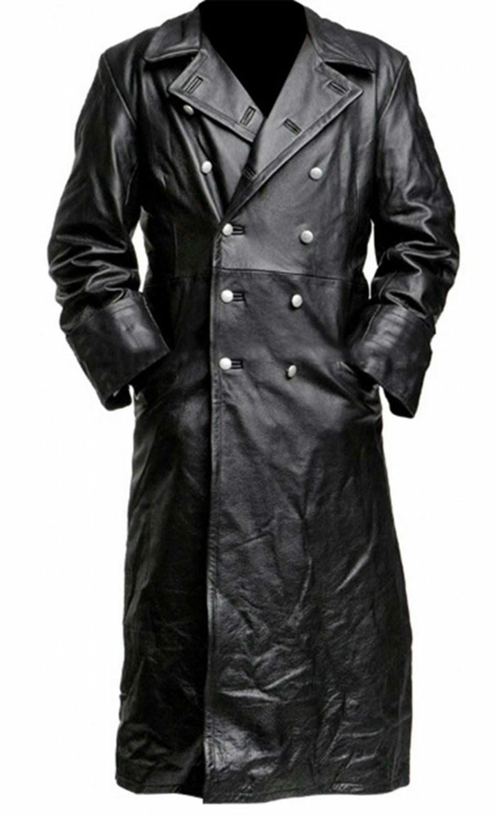 Men's Long Leather Coat Double Breasted Trench