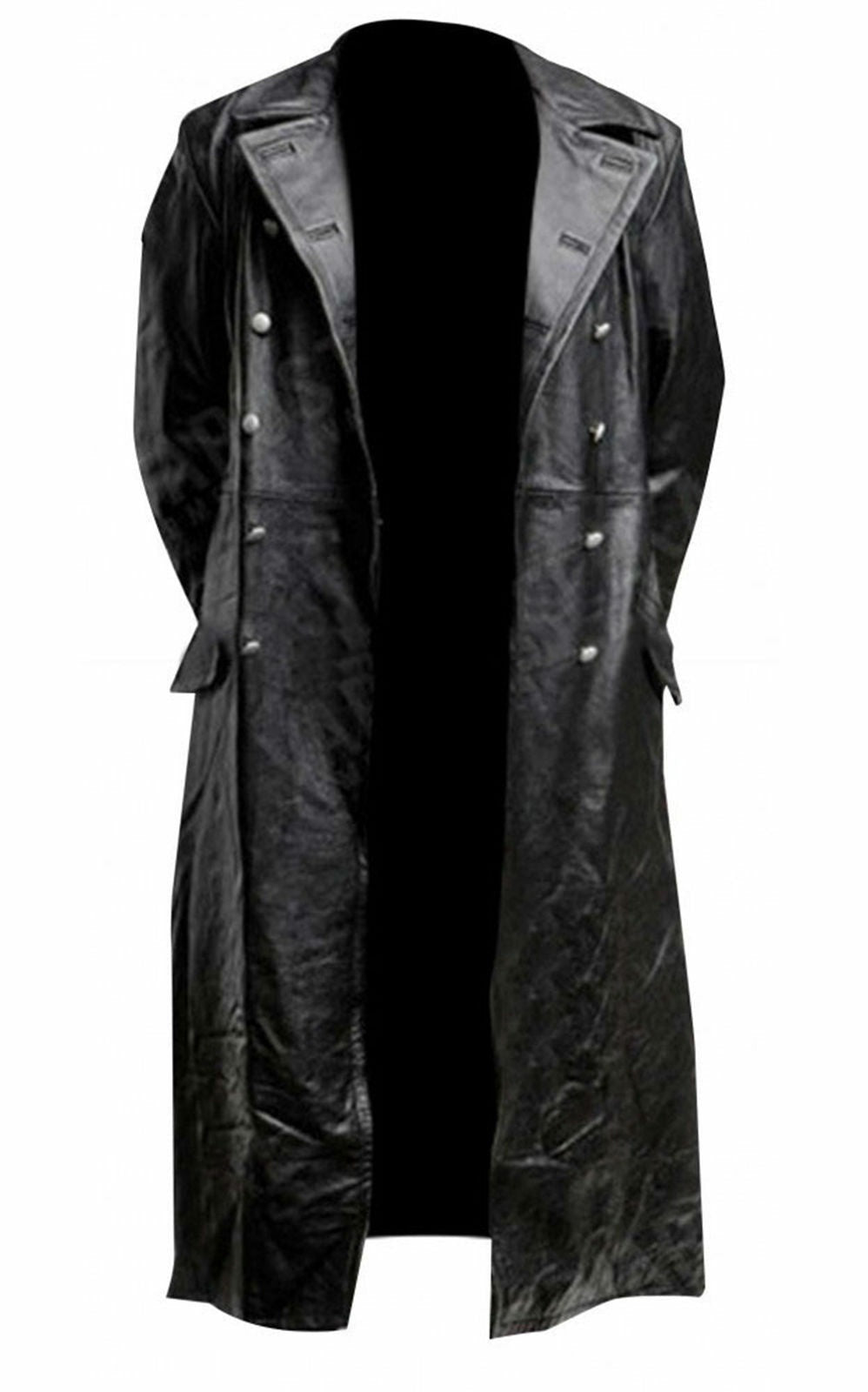 Men's Long Leather Coat Double Breasted Trench