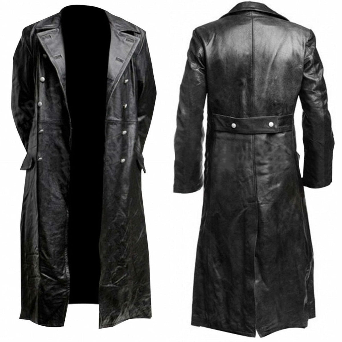 Men's Long Leather Coat Double Breasted Trench