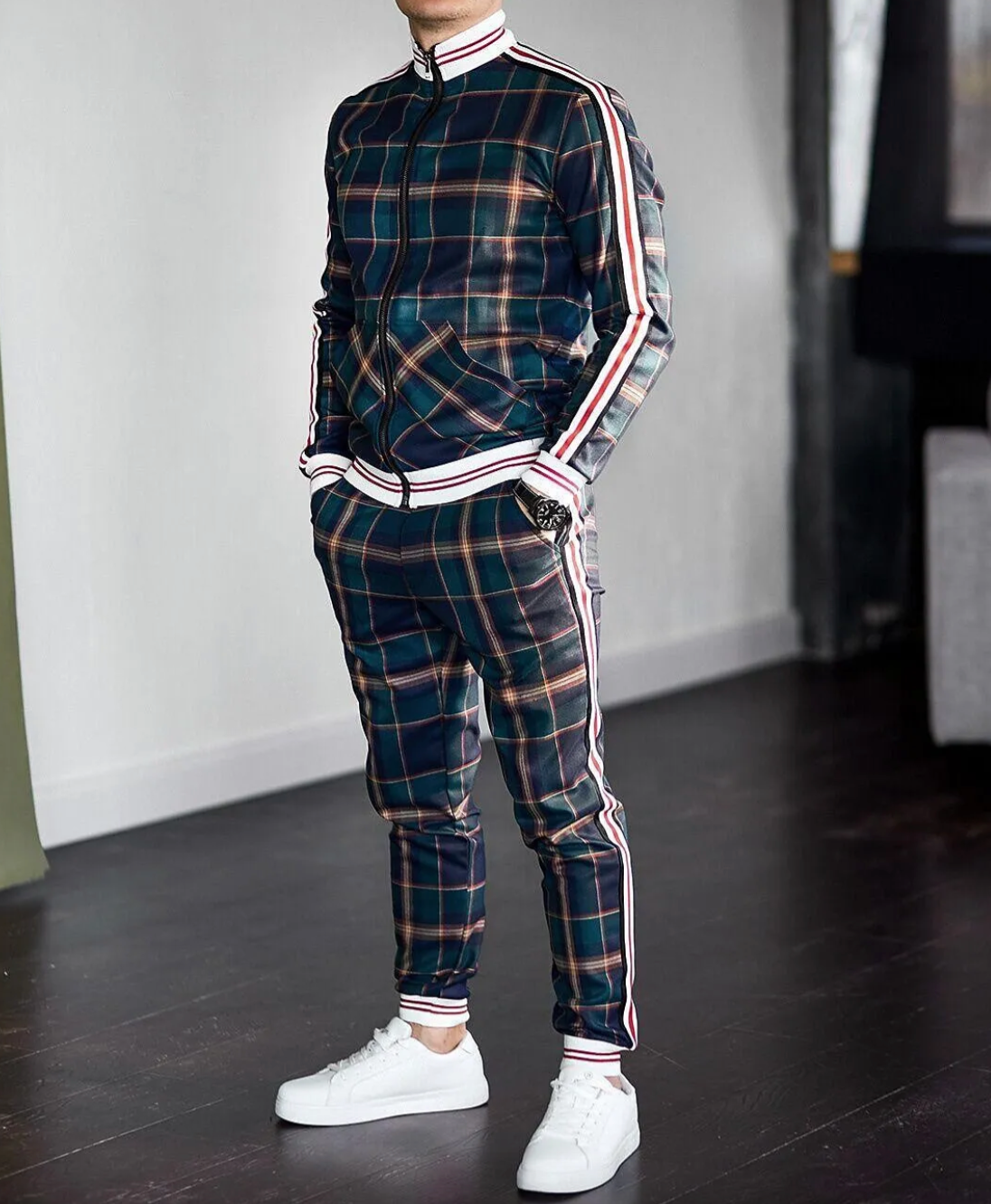 Julian | Men's Plaid Tracksuit Side Stripe Set