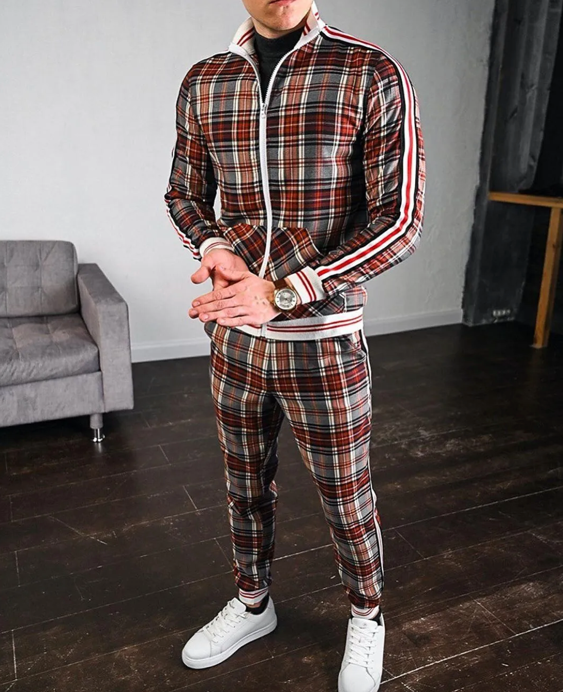 Julian | Men's Plaid Tracksuit Side Stripe Set