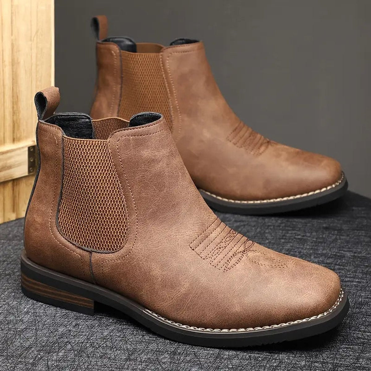 Connor | Men's Faux Leather Chelsea Ankle Boots Slip On Block Sole