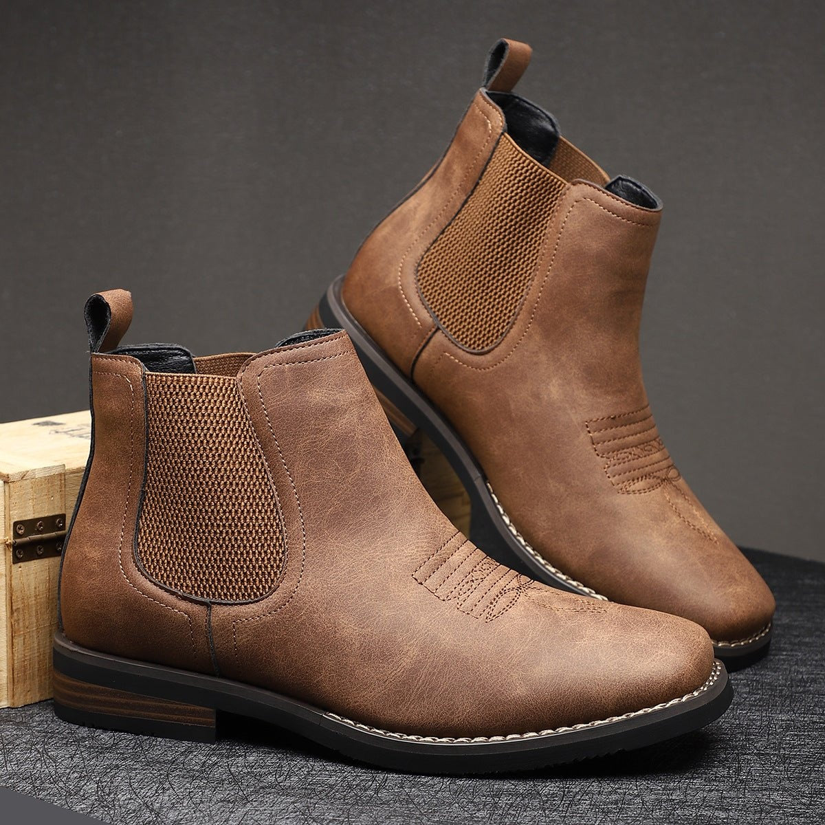 Connor | Men's Faux Leather Chelsea Ankle Boots Slip On Block Sole