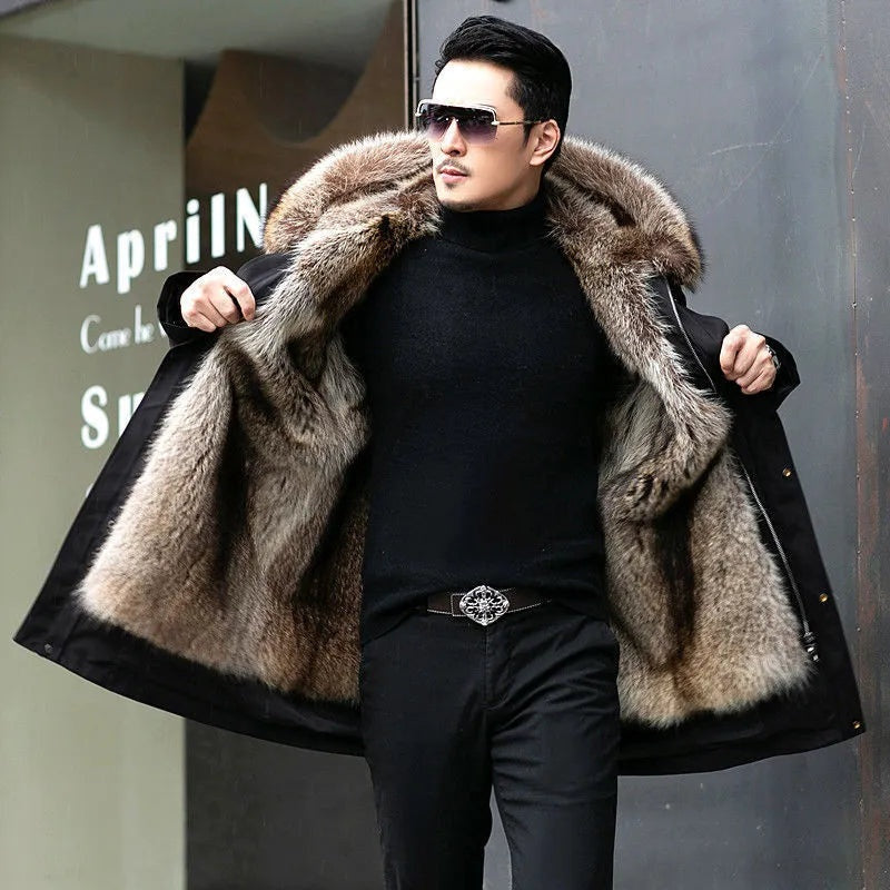 Men's Long Winter Faux Fur Parka Coat Warm Lined