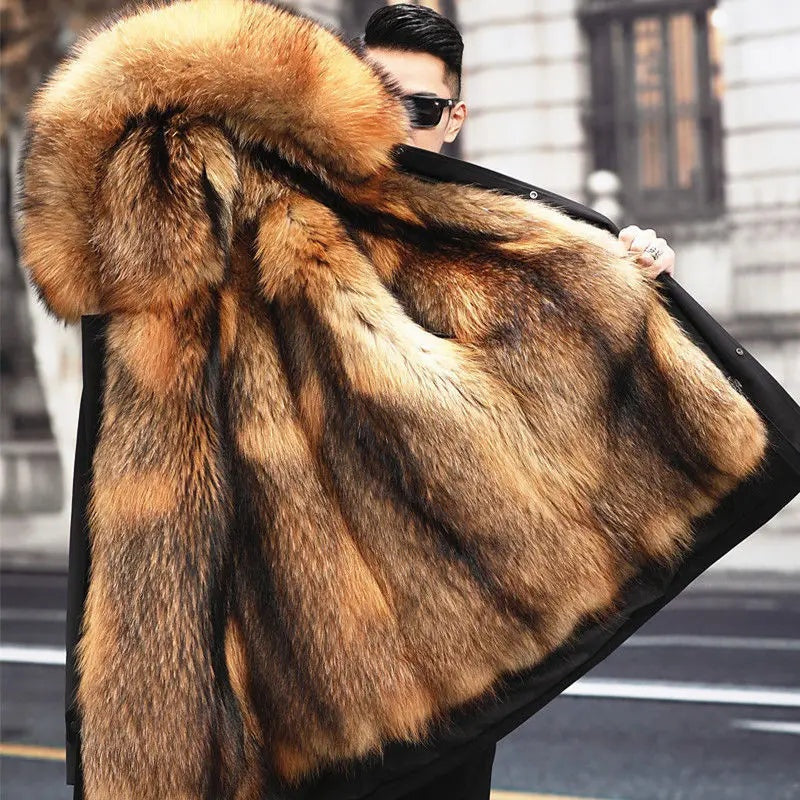 Men's Long Winter Faux Fur Parka Coat Warm Lined