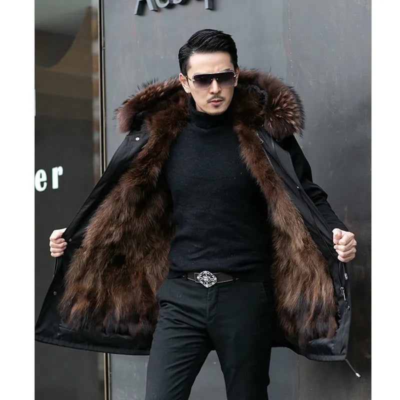 Men's Long Winter Faux Fur Parka Coat Warm Lined