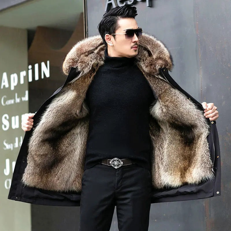 Men's Long Winter Faux Fur Parka Coat Warm Lined