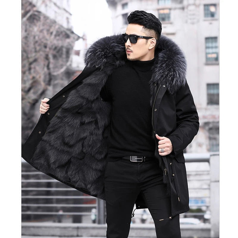 Men's Long Winter Faux Fur Parka Coat Warm Lined