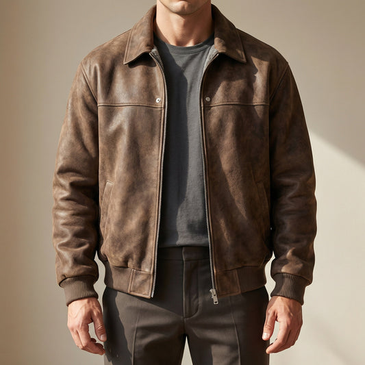 Robert | Men's Leather Bomber Jacket Lapel Collar